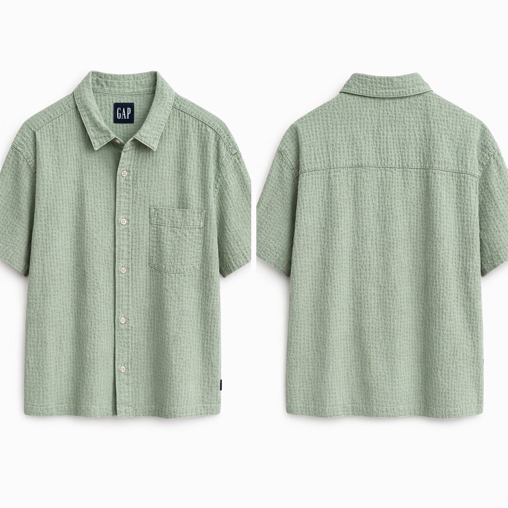 GAP Mens XXL Sage Green Seersucker Short‎ Sleeve Button Down Shirt Cotton Pocket